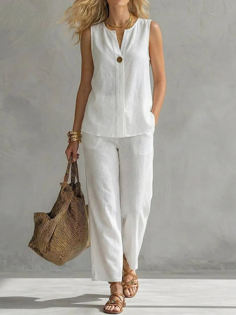 Linen Pant Wide - Conjunto de 2 Peças de Linho