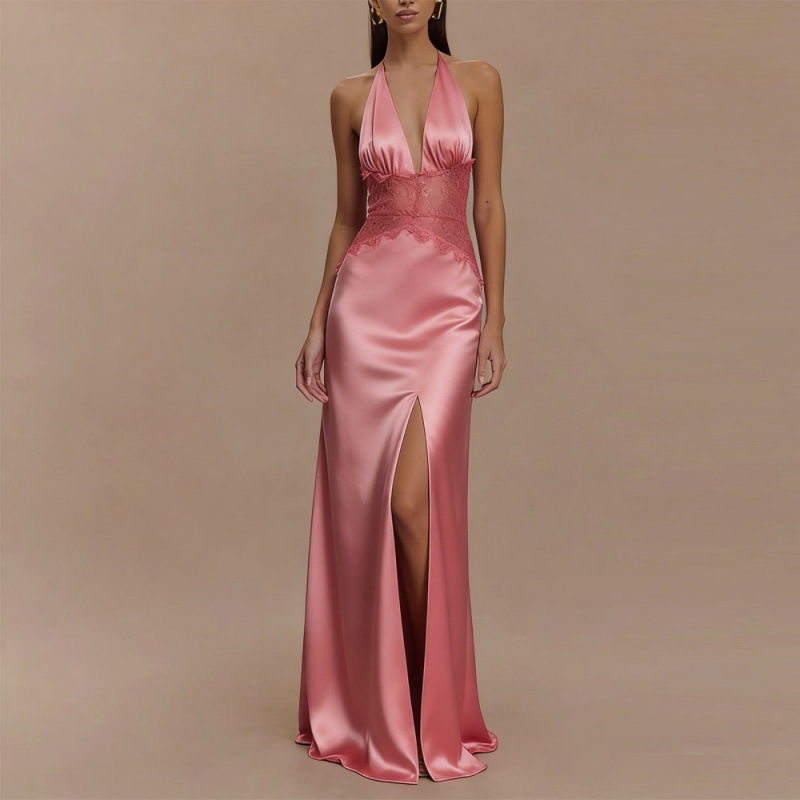 Maxi Dress Halter - Vestido Maxi Sexy Rosa de Cetim