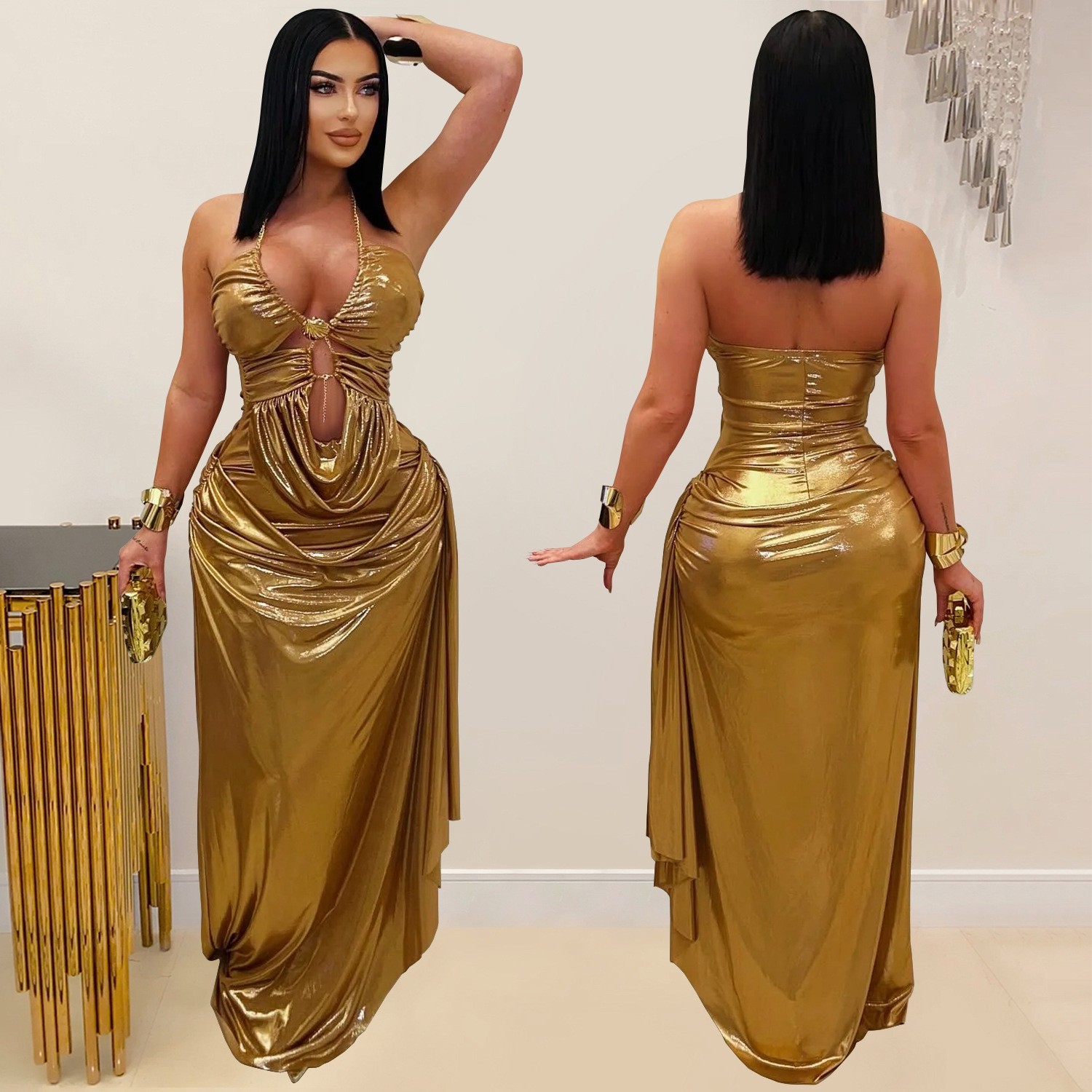 Vestido de Festa Longo Dourado - Maxi Dress Halter avaliação e preço