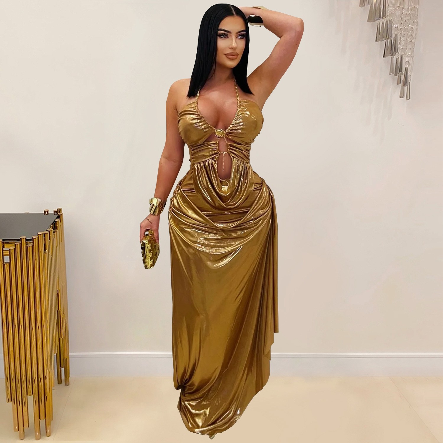 Vestido de Festa Longo Dourado - Maxi Dress Halter avaliação e preço